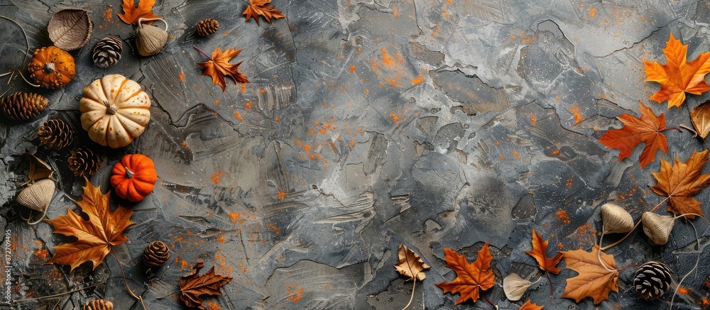 Aufkleber autumn-themed decor with leaves and pumpkin on a stone backdrop. top view in a flat lay style, showc