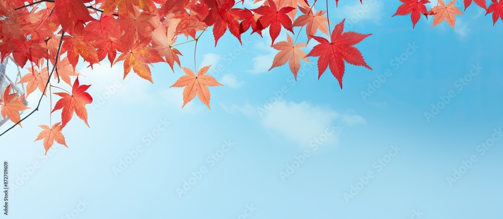 Poster autumn-themed banner with red maple leaves set against a blue sky; ideal for showcasing autumn lands