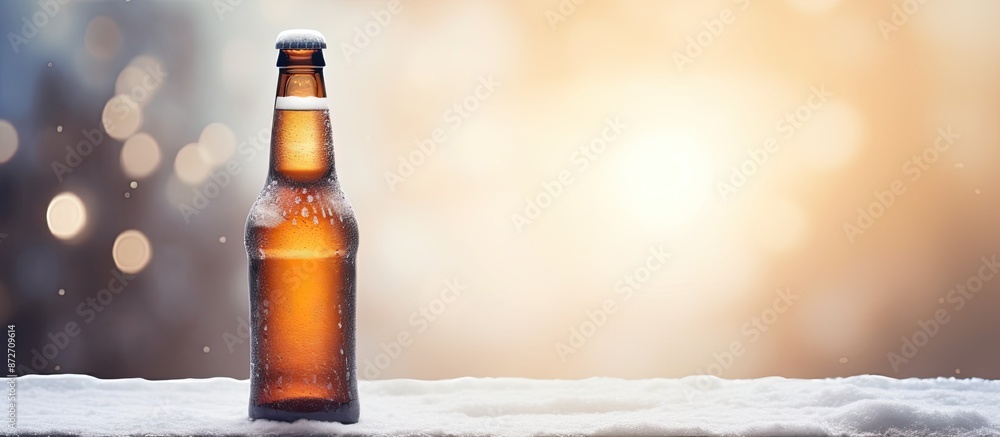 Aufkleber Close-up of a cold beer bottle on snowy background with copy space image.