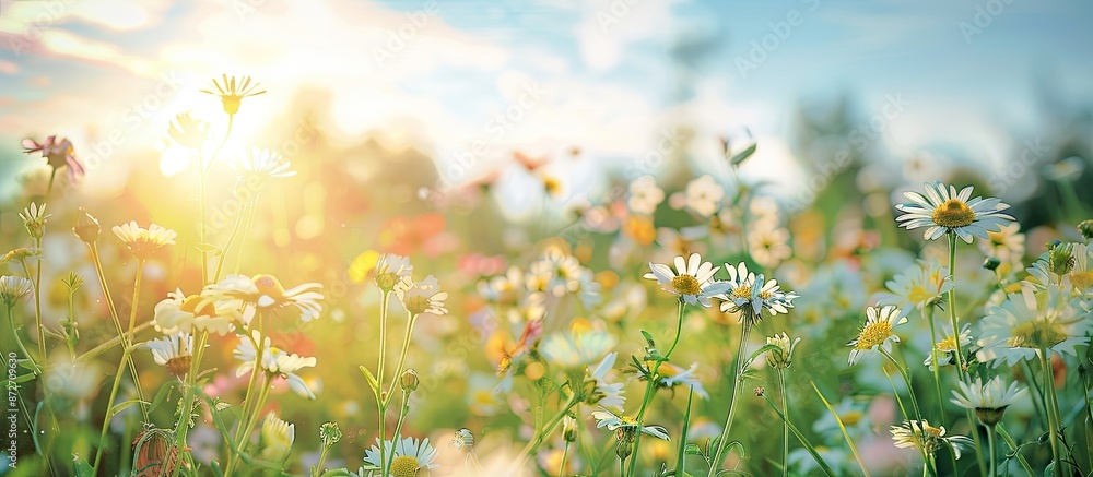 Aufkleber sunny day in summer meadow showcasing close-up wildflowers, creating a beautiful rural landscape. id