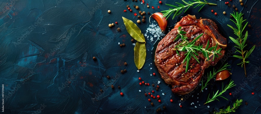 Poster top view of a grilled ribeye beef steak with herbs and spices placed on a dark table offering free c