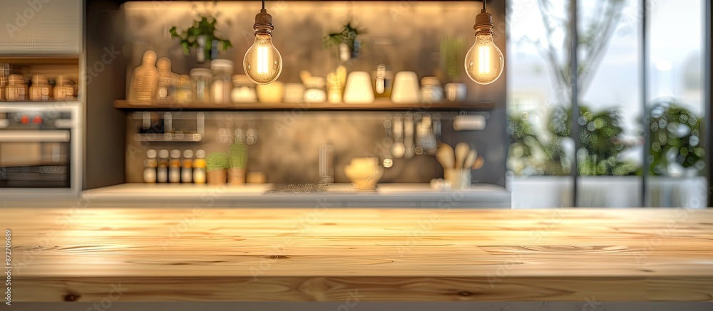 Aufkleber empty table board and defocused modern kitchen background. product display concept. with copy space image. Place for adding text or design