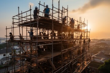 Experienced scaffolder meticulously assembling a durable and safe scaffold structure