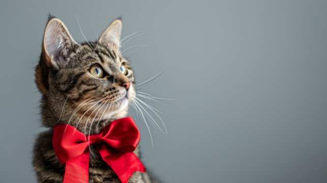 Happy International Cat Day. Cute gray cat wearing a red bow tie on a grey background. Free space for text. Horizontal banner. Help, animal adoption concept. Greeting or invitation card