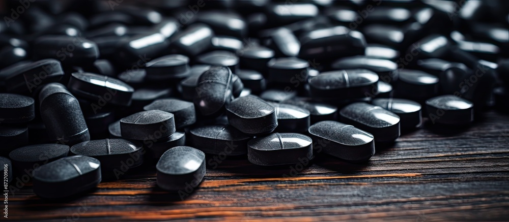 Poster powerful activated charcoal pills displayed on a dark table with ample space for text alongside in t