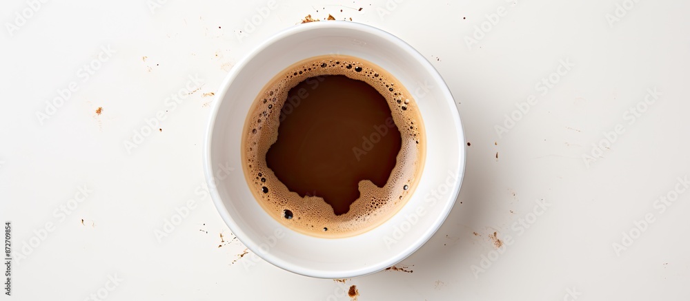 Poster Top view of an empty coffee cup, with multiple stains, placed on a saucer against a white backdrop, providing copy space for your text.