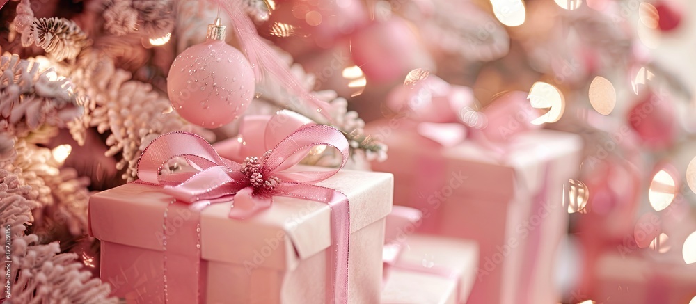Poster horizontal image with detail of five christmas presents decorated with pink ribbon under a pink chri
