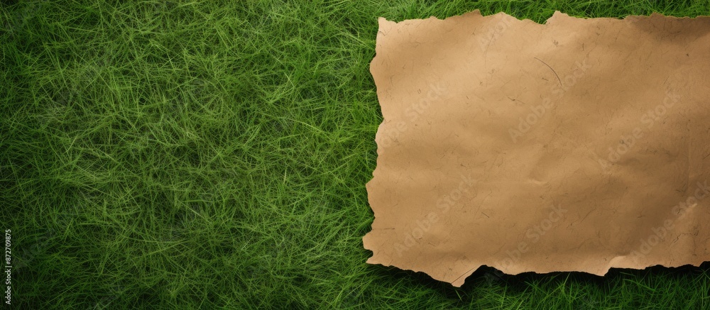 Aufkleber brown paper torn on a green grass background with copy space image.