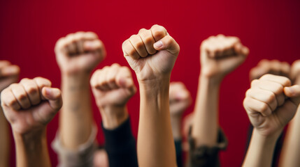 United Voices Represented by Raised Fists Against Red Background