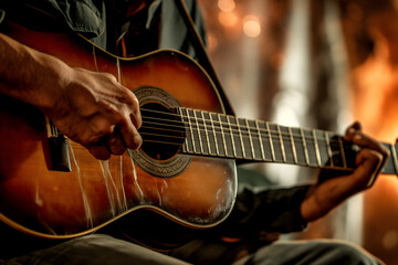 Fototapeta premium Close-Up of Guitarist Fingers Strumming Acoustic Guitar