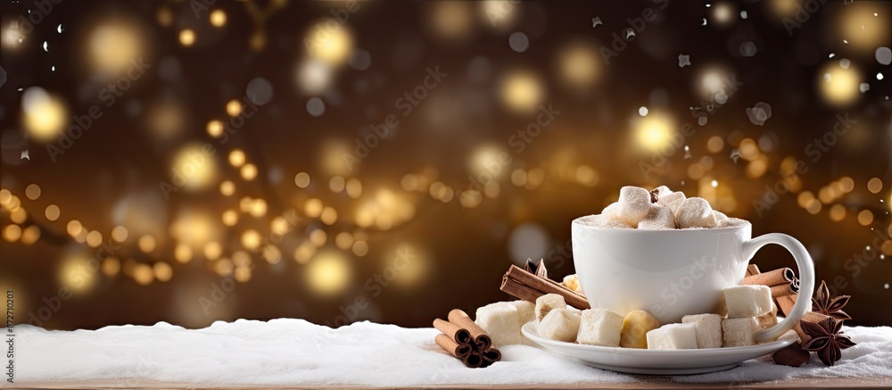 Poster holiday-themed background with hot cocoa topped with marshmallows, cream, and cookies, with copy spa