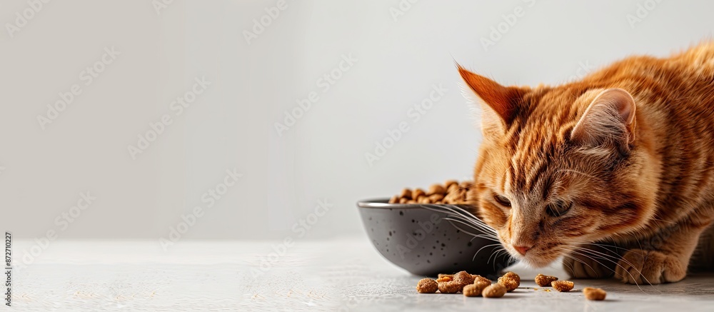 Aufkleber A ginger cat enjoying its meal from a bowl with a banner displaying copy space image.