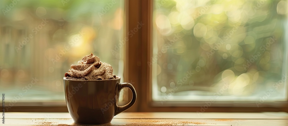 Poster brown mug cake and window . with copy space image. Place for adding text or design