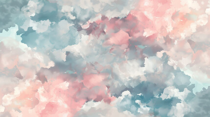 Fototapeta premium Pastel shades of pink, blue and gray in a watercolor pattern that create an abstract image of fluffy clouds in the sky.