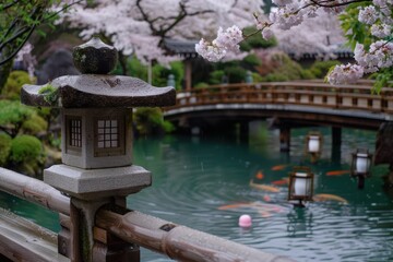 Fototapeta premium Serene Japanese garden with cherry blossoms and koi pond