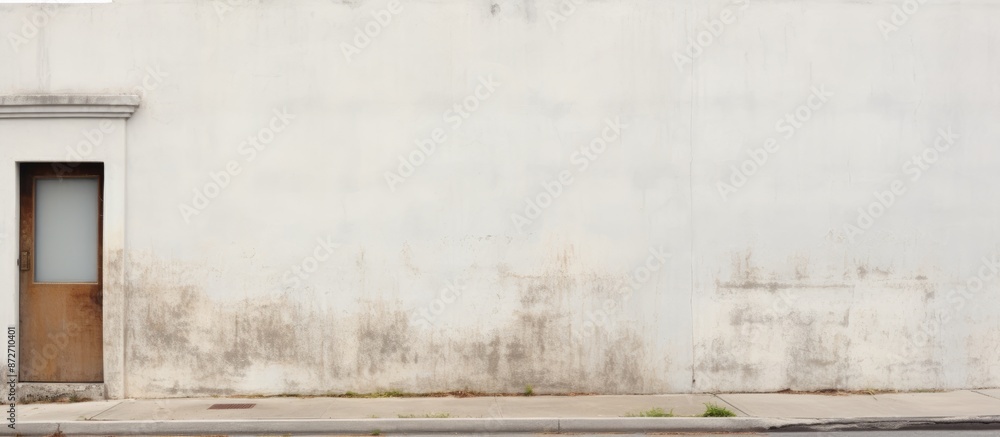 Aufkleber Weathered white wall surrounds a building with a sidewalk and road in front, creating a backdrop for a copy space image.