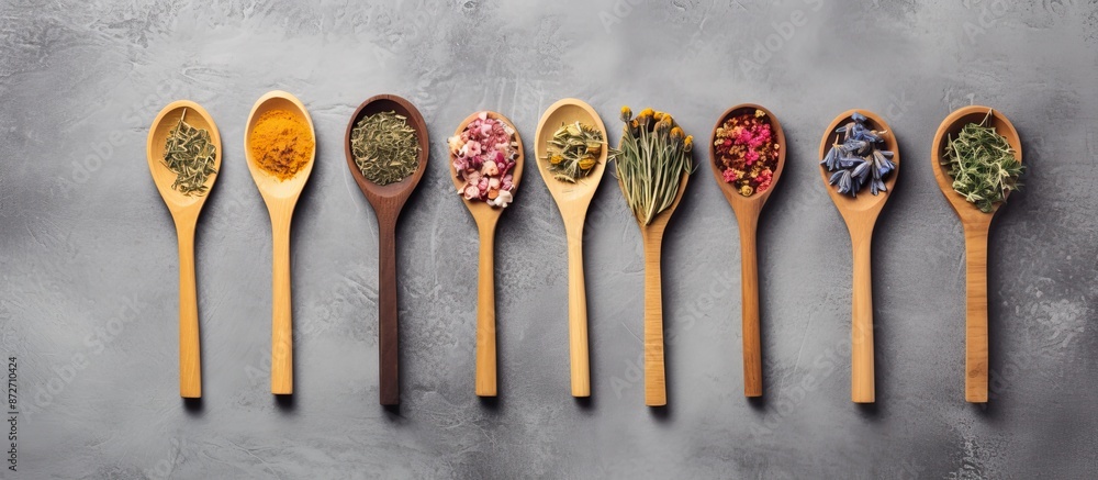 Fototapete top view of wooden spoons holding herbal tea on a gray cement backdrop, suitable for children's immu