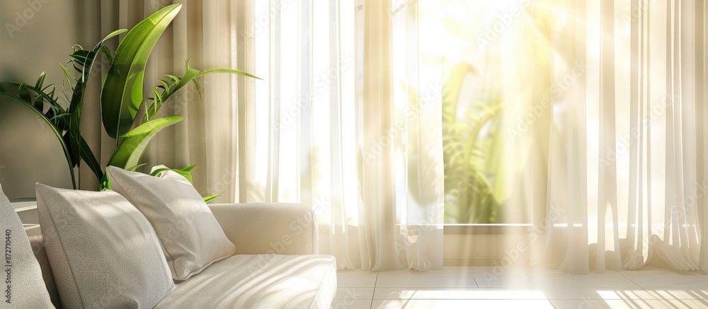 Poster contemporary interior of living room with part of sofa in sunny day and white curtain interior backg