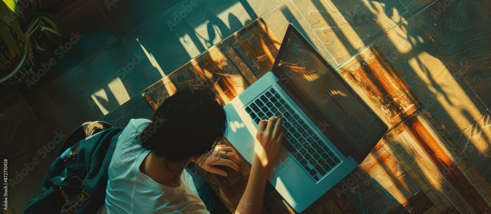 Leinwandbilder a person using a laptop computer is seen from a bird's-eye view in the copy space image.