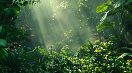 Cultivating a vision of a green planet with lush plants and sun rays among the leaves, illustrating harmony with nature that reminds us of the need to care for our planet.