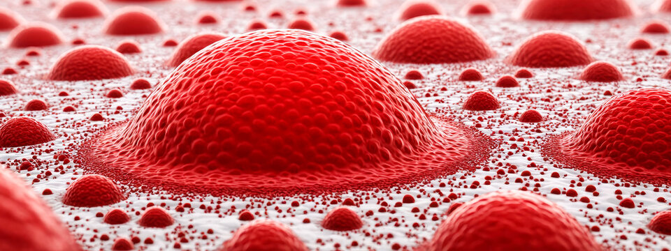 Closeup view of red cellular structures, resembling landscape of dome shaped elements, possibly representing cells or microorganisms in biotechnological context
