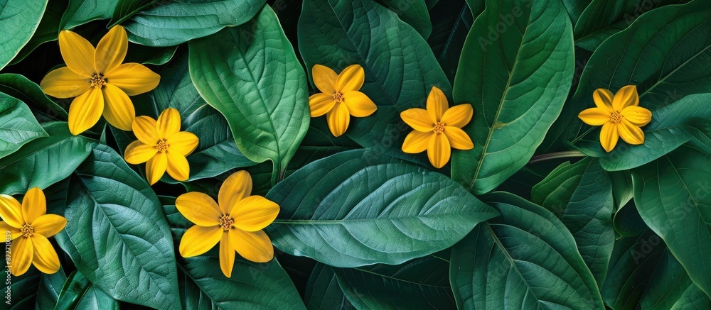 Aufkleber yellow flowers isolated on a green leaf background. pastel background. with copy space image. place 
