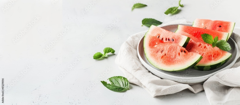 Poster watermelon slices and napkin displayed on a table with a white background, ideal for showcasing copy