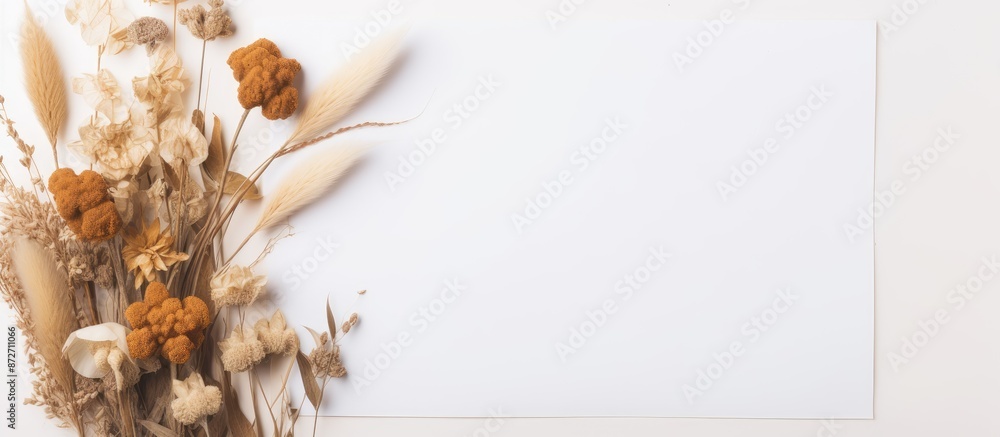 Poster a wedding invitation or greeting card mockup featuring elegant dried flowers, set on a white card wi