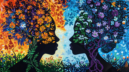 Silhouettes with floral and botanical side profiles