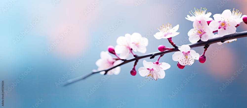 Poster Close-up of pink cherry blossom twig with selective focus and copy space image against a blue bokeh background captures the beauty of spring sakura blossoms.