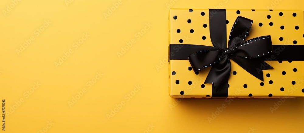 Aufkleber Gift box decorated with a black ribbon on yellow surface, viewed from above, with adequate space for text or image. with copy space image. Place for adding text or design