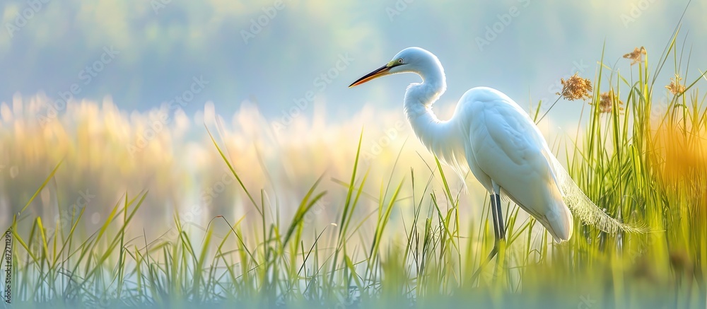 Aufkleber elegant great egret in breeding colors foraging in tall grass with copy space image.
