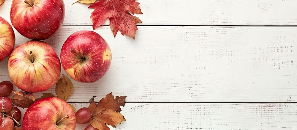 Leinwandbilder top view of apples and grape leaves on a wooden background with a white frame, offering copy space i