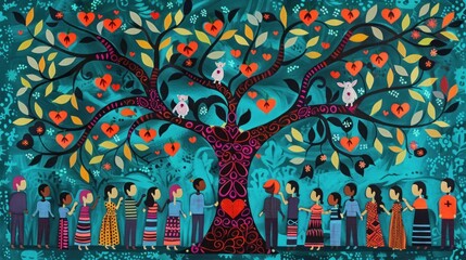 People around a heart tree with love elements