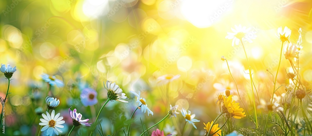 Aufkleber sunny day in summer meadow showcasing close-up wildflowers, creating a beautiful rural landscape. id