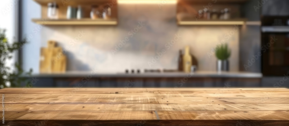Poster empty table board and defocused modern kitchen background. product display concept. with copy space image. Place for adding text or design