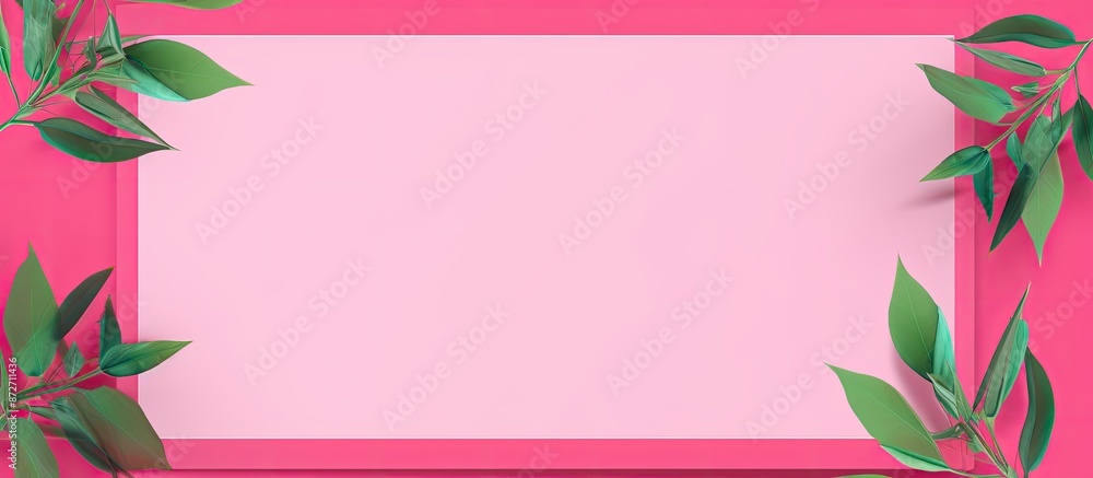 Poster Minimal duotone pop art style frame template for text with a bright pink square background featuring fresh green rowan tree leaves, offering copy space image.
