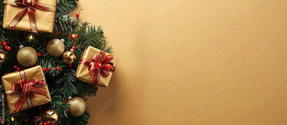 Aufkleber Present in front of the tree. with copy space image. Place for adding text or design