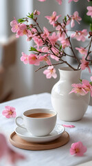 Serene Morning Coffee Surrounded by Blossoming Pink Flowers