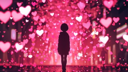 Silhouette standing in heart-filled, pink lights.