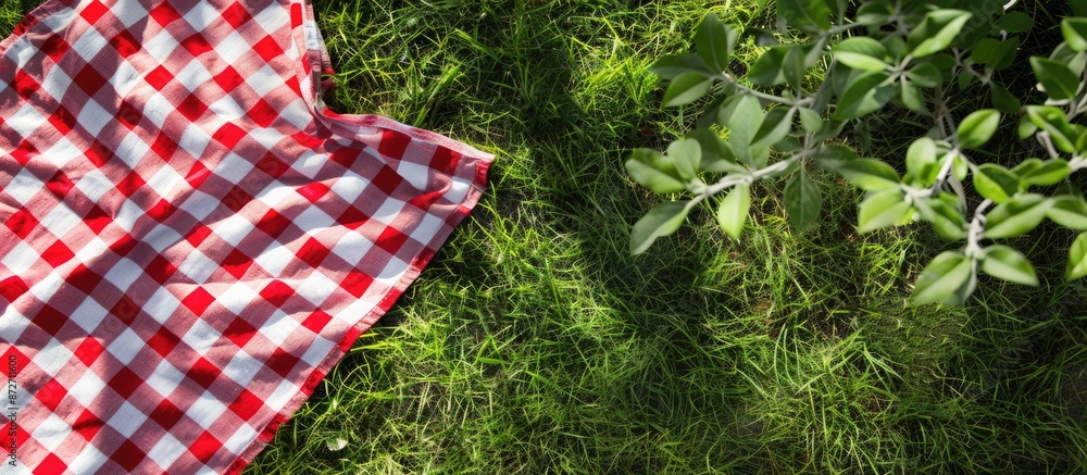 Poster red picnic cloth towel on green grass,gingham tablecloth outdoors plaid on the ground empty copy spa