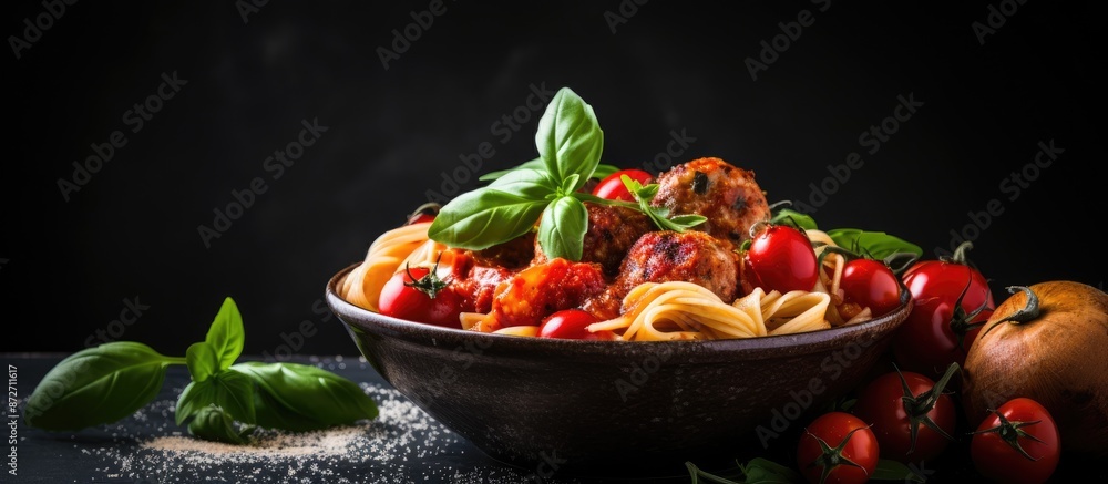 Poster bowl with pasta, meatballs, and fresh tomato, with space for adding text or pictures. with copy spac