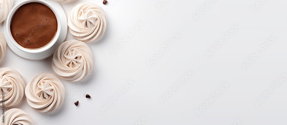 Fototapete View from above of chocolate meringue cookies and a cup of coffee on a white surface with a blank area for adding text or images. with copy space image. Place for adding text or design