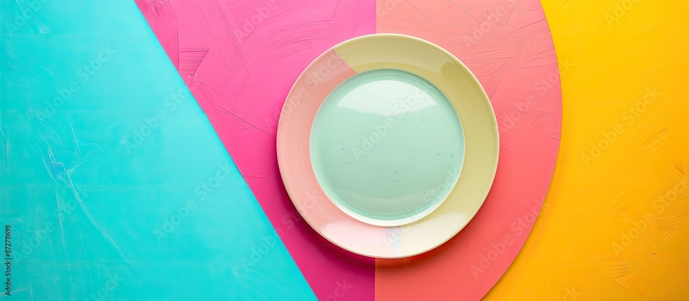 Leinwandbilder Top view of a pristine plate on a colorful background, with space for additional images