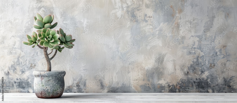 Poster A small succulent plant in a pot on a white wooden desk with a tree in a pot for home decor, set against a textured background, perfect for a website banner with copy space image.