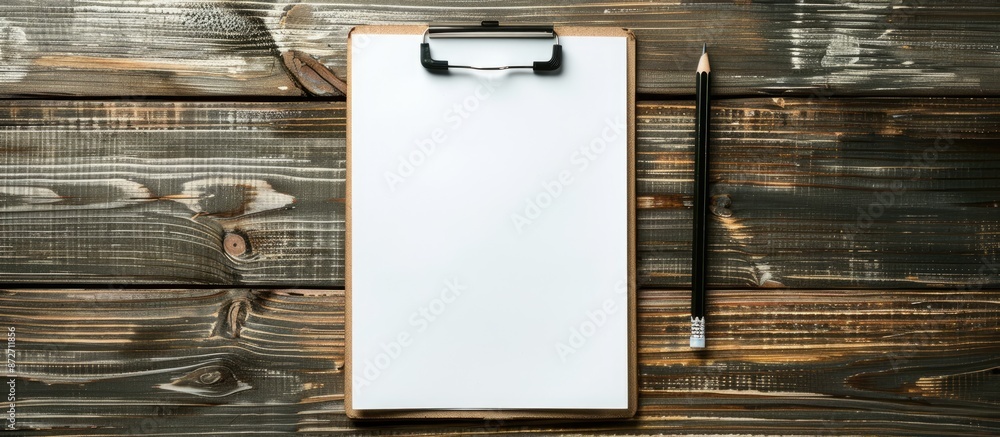 Poster responsive design template featuring a clipboard with a blank white sheet of paper, a pencil, and an