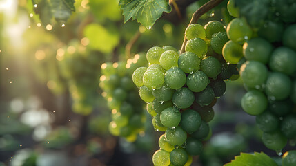 Sunlit Vineyard with Lush Green Grape Clusters and Leaves