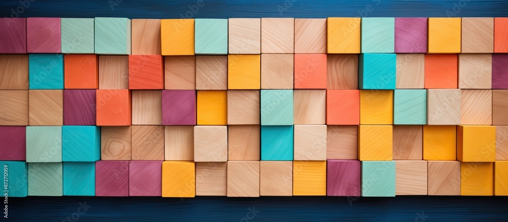 Aufkleber Various colorful wooden pieces are arranged in a frame with ample copy space for text input, creating an isolated background with a textural element.
