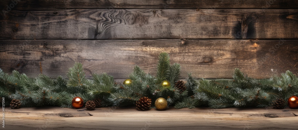 Poster festive fir tree embellished with ornaments on a rustic wooden backdrop with copy space image
