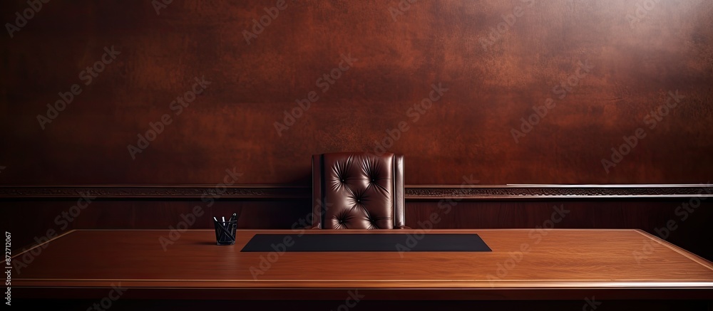 Aufkleber Office table in a rich brown color with plenty of space for work and a blank area for adding images or text. with copy space image. Place for adding text or design